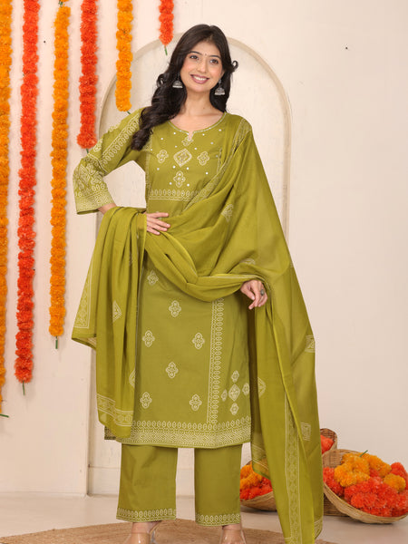 Mehendi Green Bandhani Printed Cotton Straight Kurta Set with Thread Tagai Handwork Yoke and Dupatta