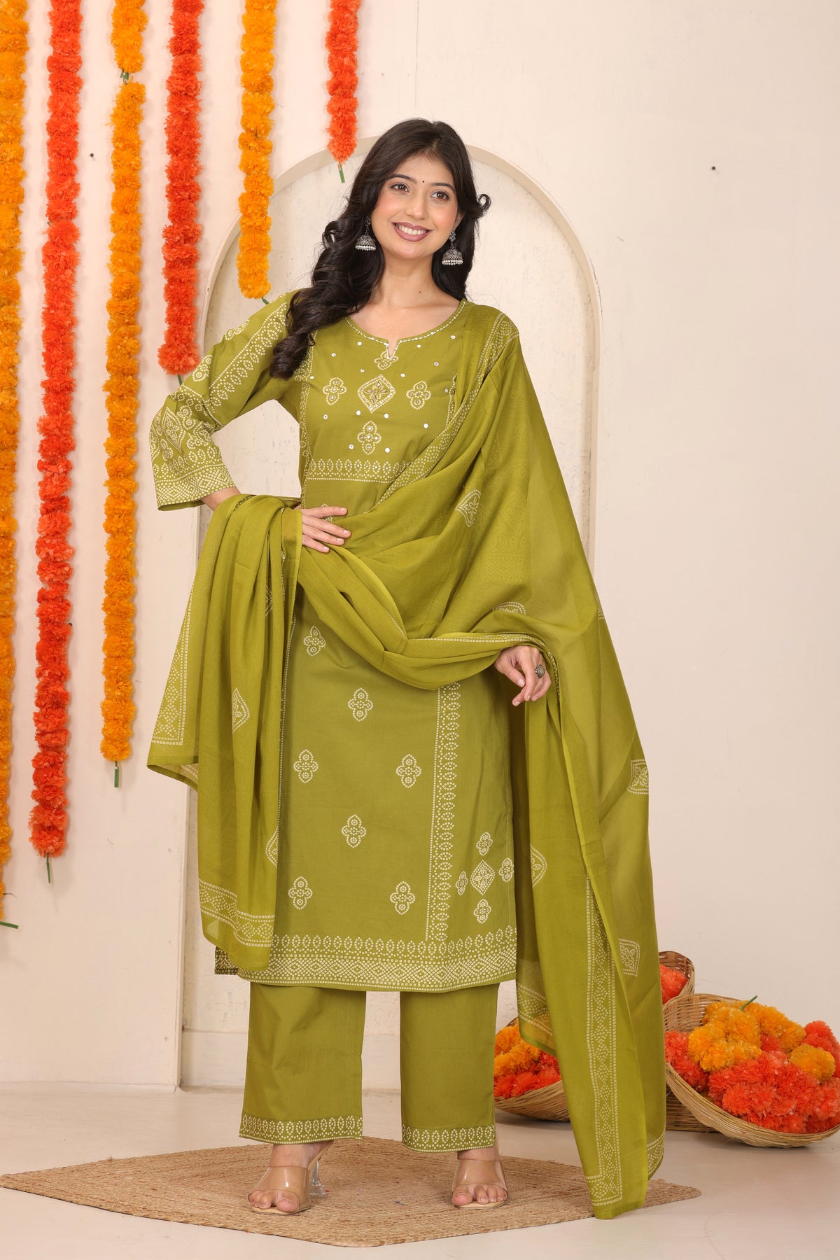 Bandhani Printed Cotton Straight Kurta Set with Thread Tagai Handwork Yoke and Dupatta