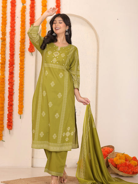 Mehendi Green Bandhani Printed Cotton Straight Kurta Set with Thread Tagai Handwork Yoke and Dupatta