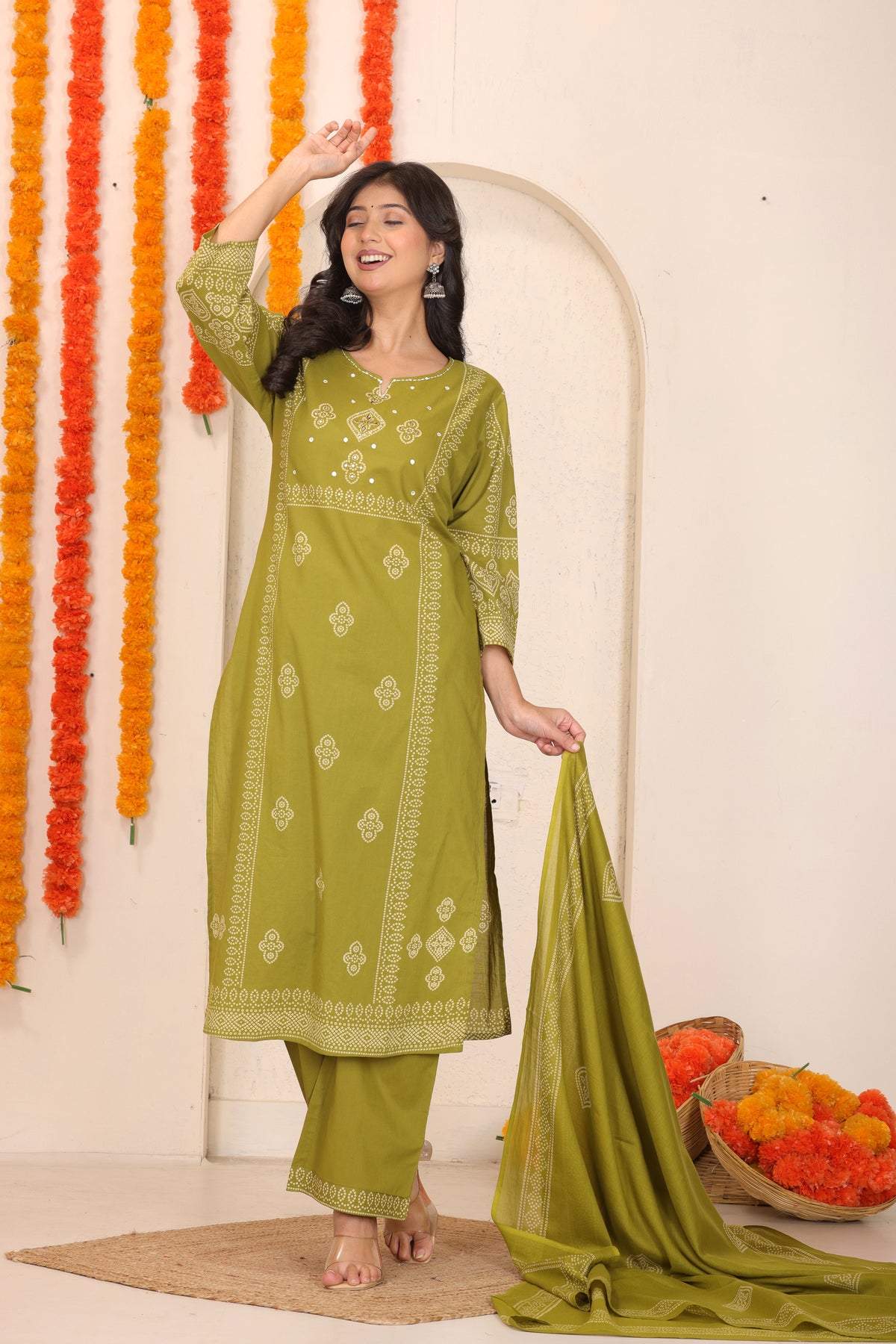 Bandhani Printed Cotton Straight Kurta Set with Thread Tagai Handwork Yoke and Dupatta