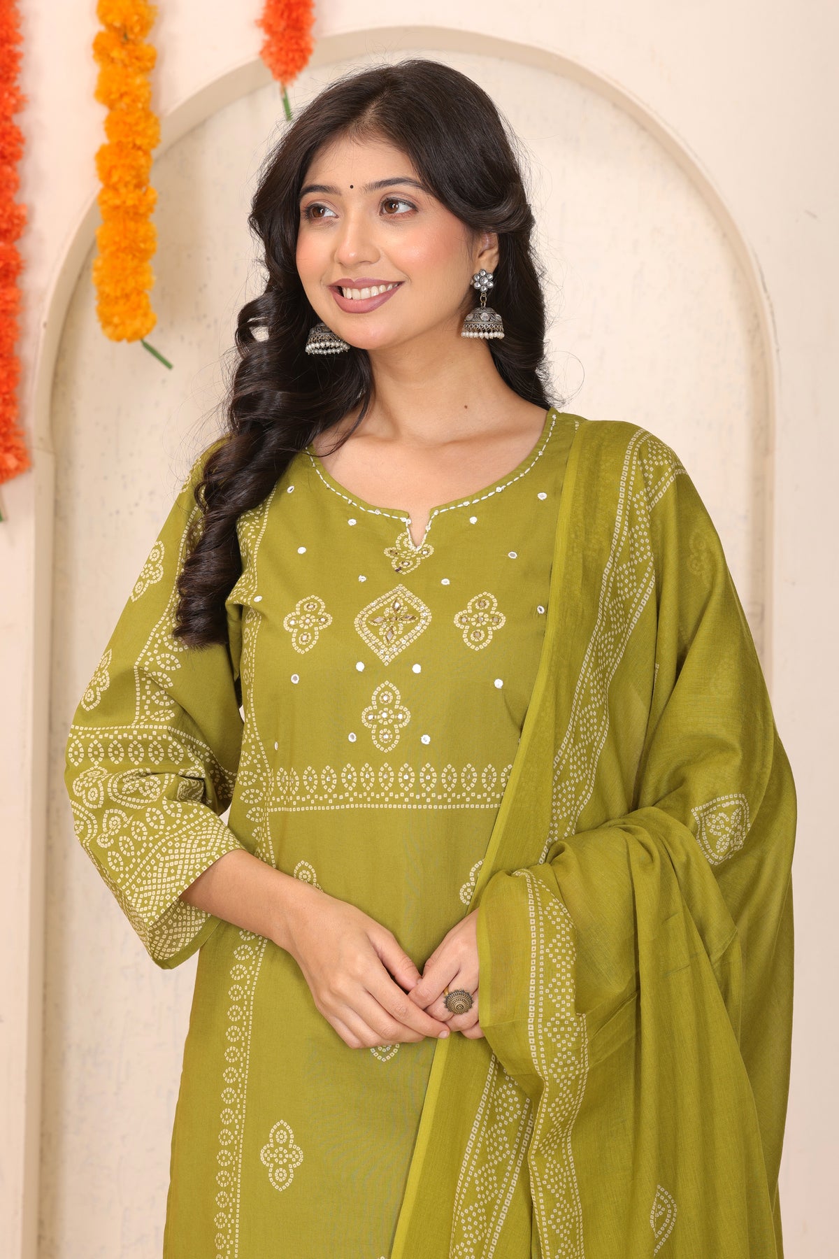 Bandhani Printed Cotton Straight Kurta Set with Thread Tagai Handwork Yoke and Dupatta