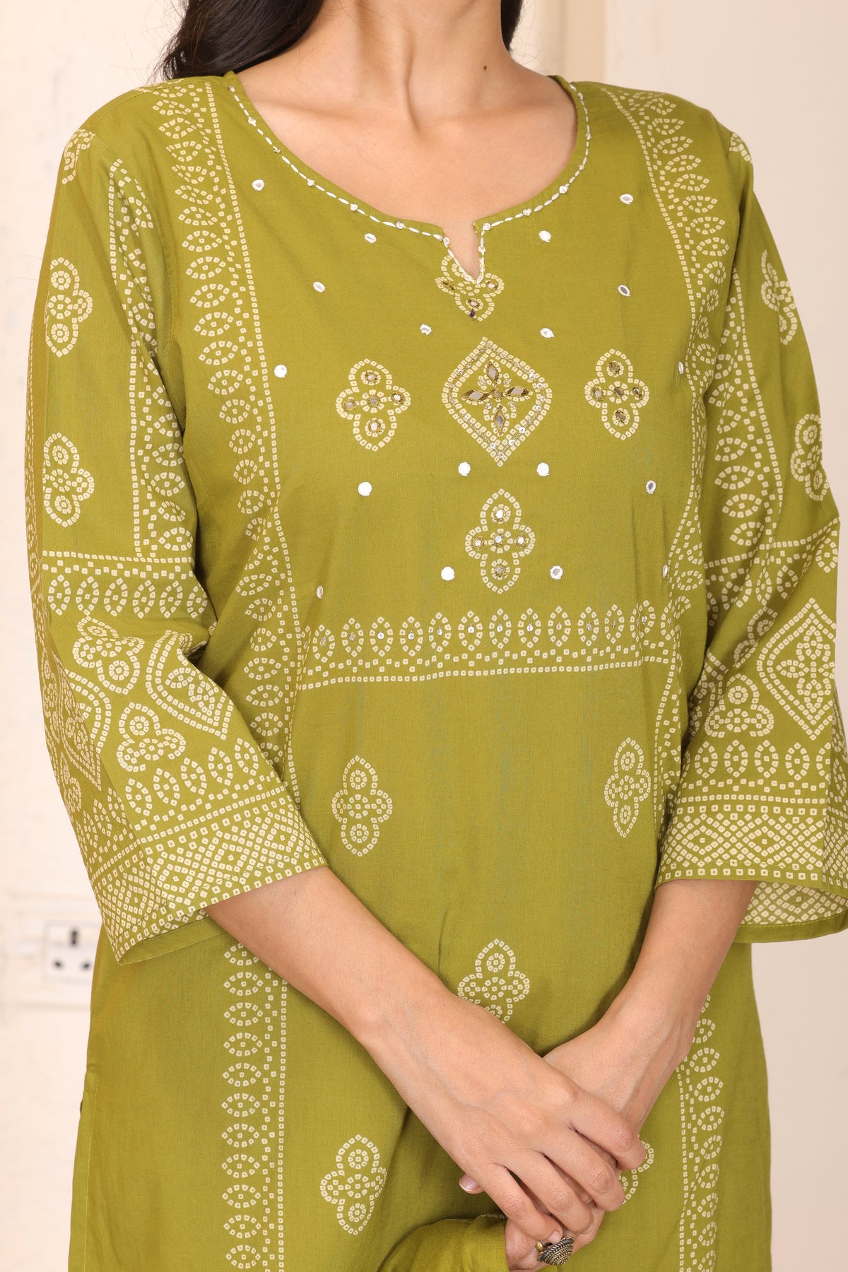 Bandhani Printed Cotton Straight Kurta Set with Thread Tagai Handwork Yoke and Dupatta