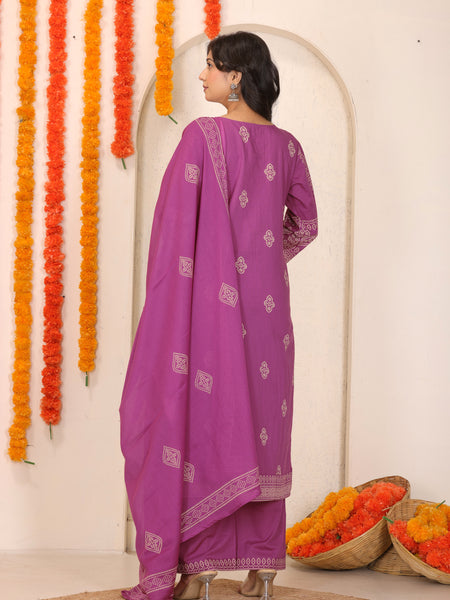 Medium Purple Bandhani Printed Cotton Straight Kurta Set with Dupatta