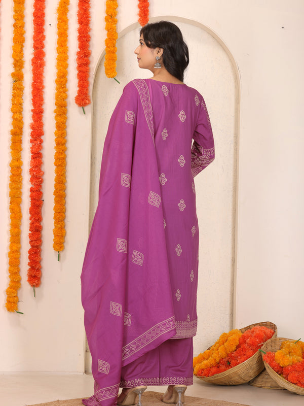 Brick Red Bandhani Printed Cotton Straight Kurta Set with Thread Tagai Handwork Yoke and Dupatta