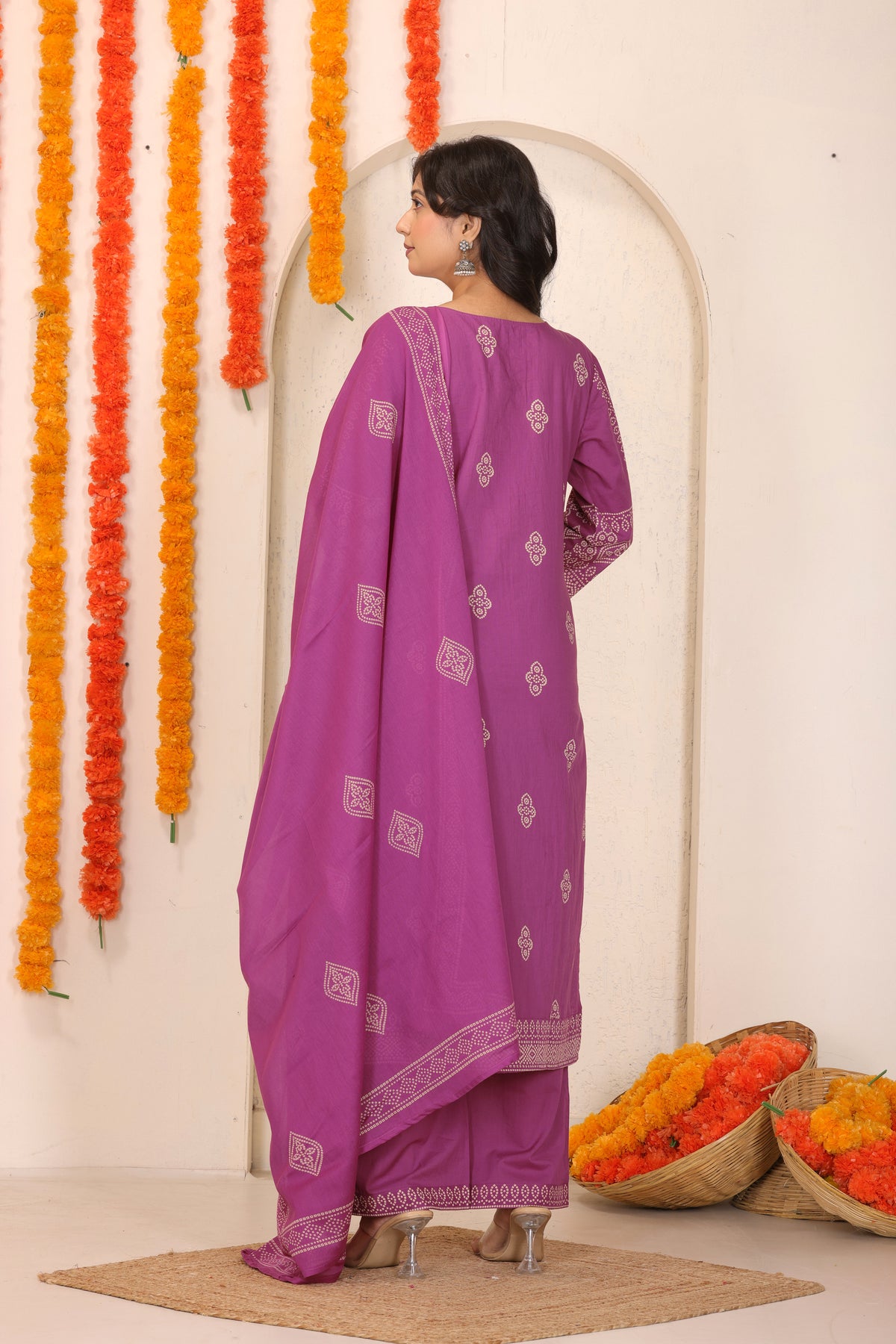 Bandhani Printed Cotton Straight Kurta Set with Thread Tagai Handwork Yoke and Dupatta