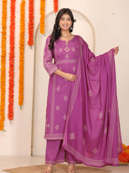 Medium Purple Bandhani Printed Cotton Straight Kurta Set with Dupatta