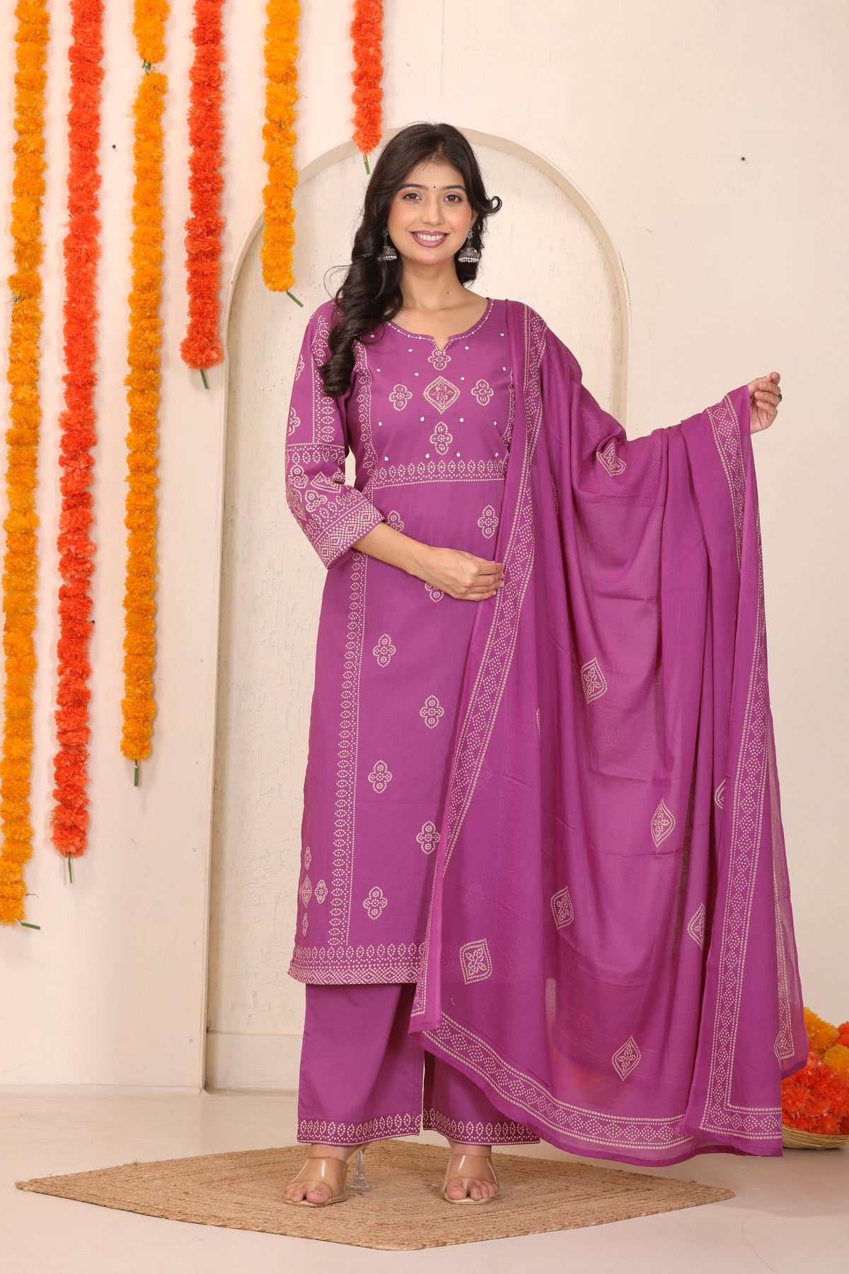 Bandhani Printed Cotton Straight Kurta Set with Dupatta