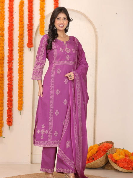 Medium Purple Bandhani Printed Cotton Straight Kurta Set with Dupatta