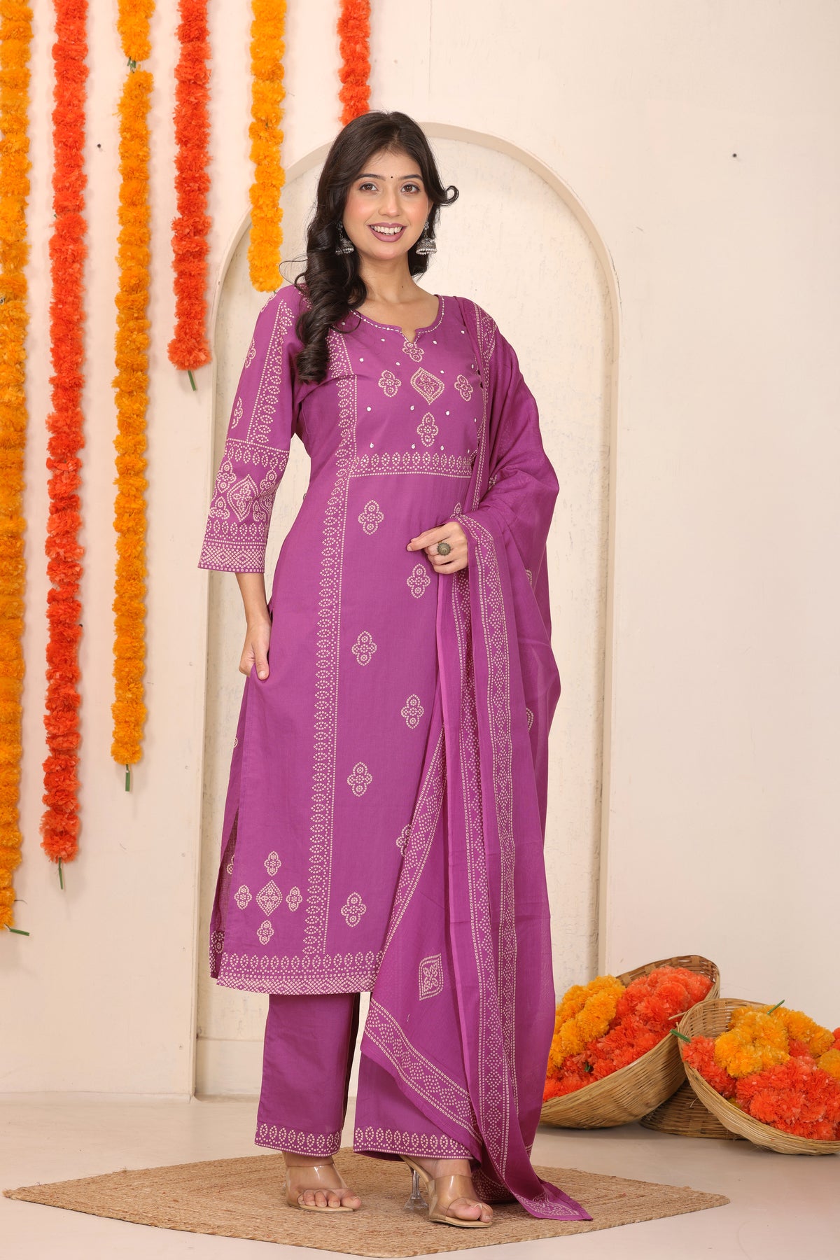 Bandhani Printed Cotton Straight Kurta Set with Thread Tagai Handwork Yoke and Dupatta