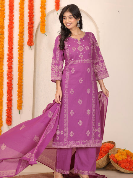 Medium Purple Bandhani Printed Cotton Straight Kurta Set with Dupatta