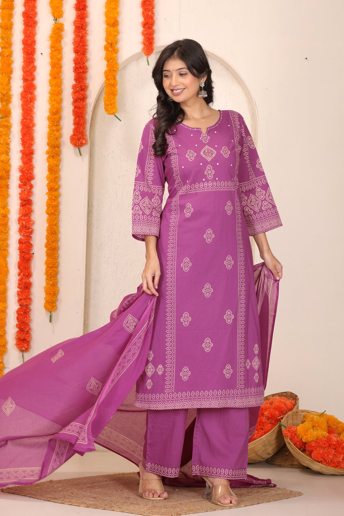 Bandhani Printed Cotton Straight Kurta Set with Thread Tagai Handwork Yoke and Dupatta