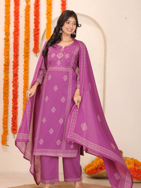 Medium Purple Bandhani Printed Cotton Straight Kurta Set with Dupatta