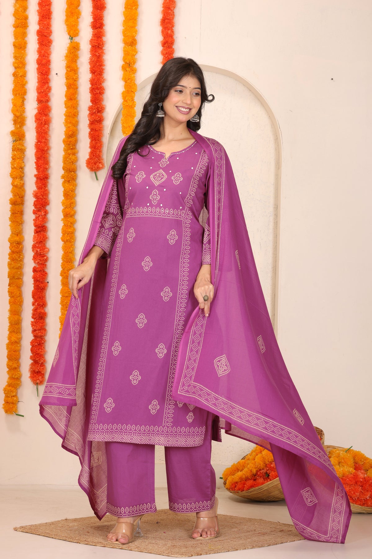 Bandhani Printed Cotton Straight Kurta Set with Thread Tagai Handwork Yoke and Dupatta