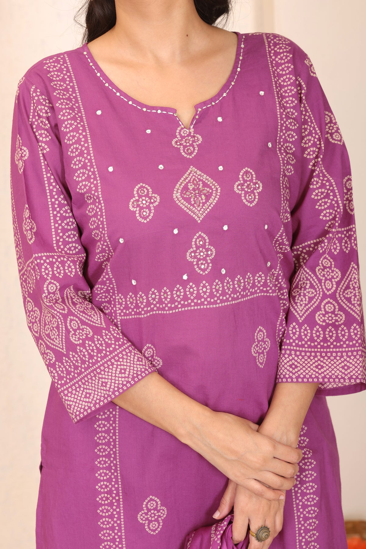 Bandhani Printed Cotton Straight Kurta Set with Thread Tagai Handwork Yoke and Dupatta