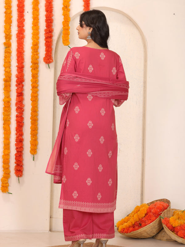 Brick Red Bandhani Printed Cotton Straight Kurta Set with Thread Tagai Handwork Yoke and Dupatta