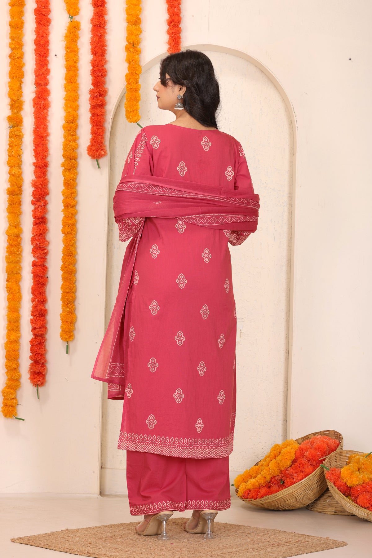 Bandhani Printed Cotton Straight Kurta Set with Thread Tagai Handwork Yoke and Dupatta