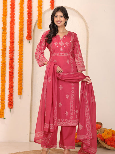 Brick Red Bandhani Printed Cotton Straight Kurta Set with Thread Tagai Handwork Yoke and Dupatta