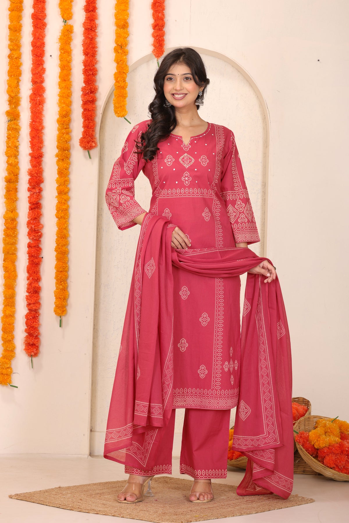 Bandhani Printed Cotton Straight Kurta Set with Thread Tagai Handwork Yoke and Dupatta