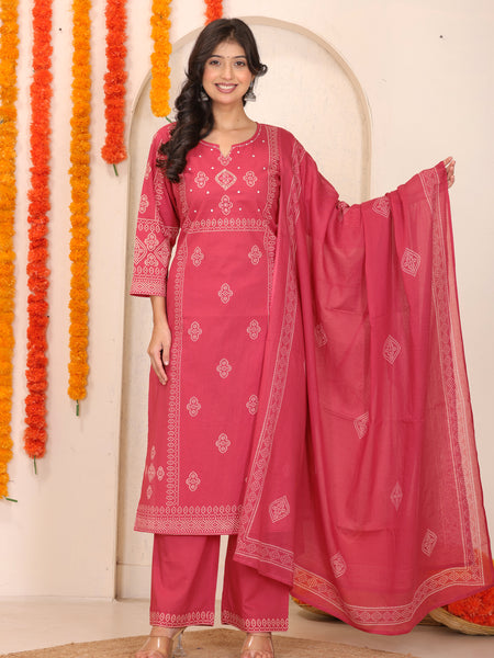 Brick Red Bandhani Printed Cotton Straight Kurta Set with Thread Tagai Handwork Yoke and Dupatta