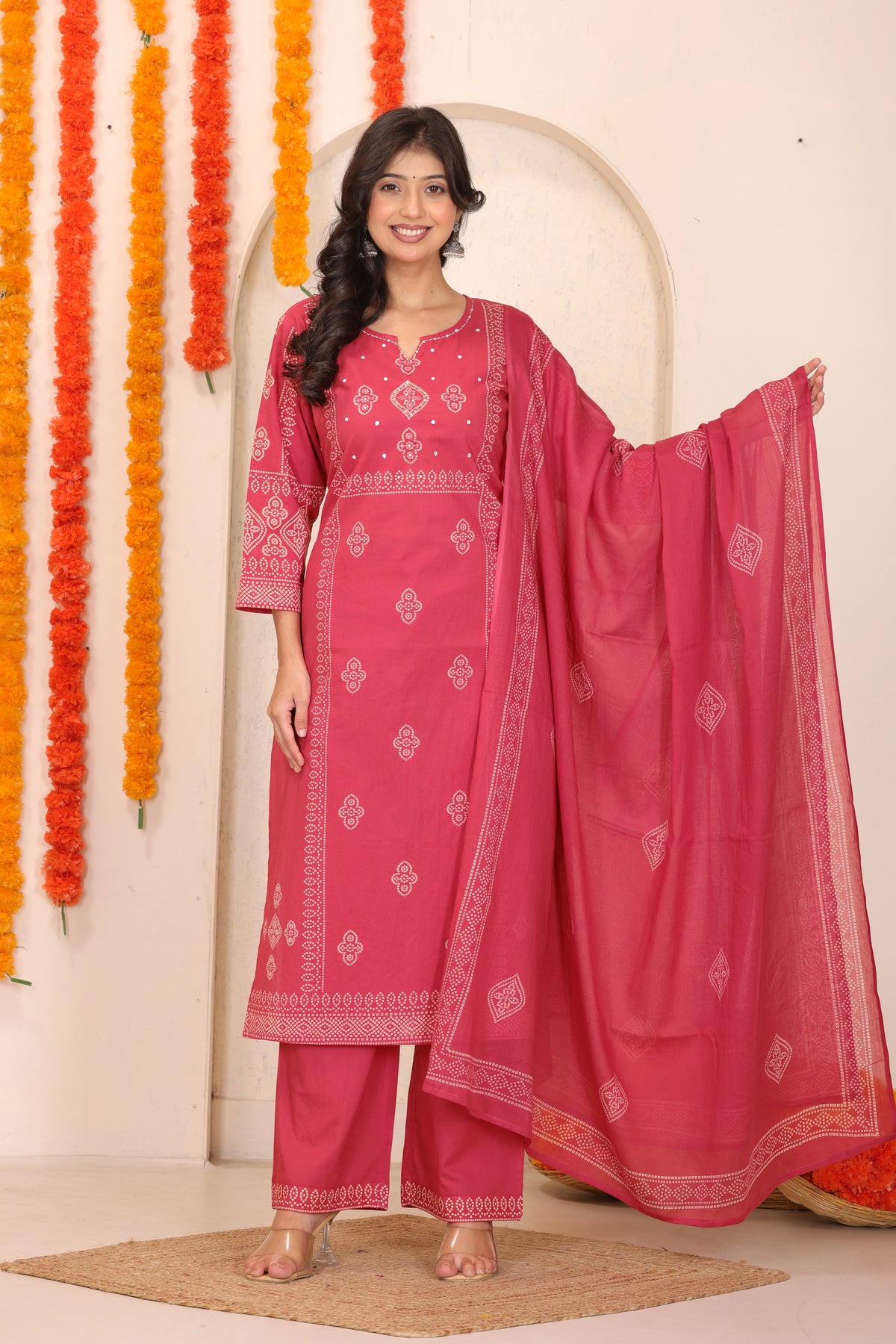 Bandhani Printed Cotton Straight Kurta Set with Thread Tagai Handwork Yoke and Dupatta