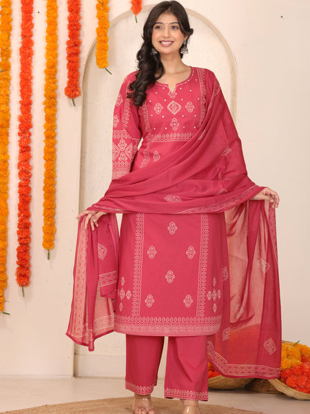Brick Red Bandhani Printed Cotton Straight Kurta Set with Thread Tagai Handwork Yoke and Dupatta