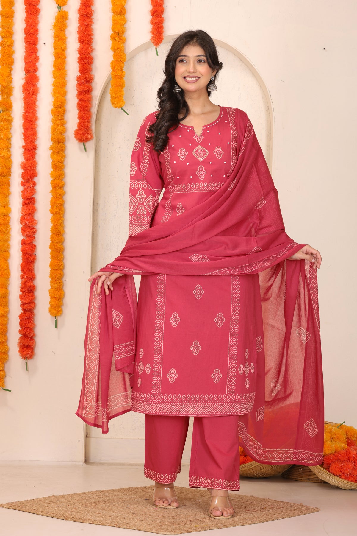 Bandhani Printed Cotton Straight Kurta Set with Thread Tagai Handwork Yoke and Dupatta