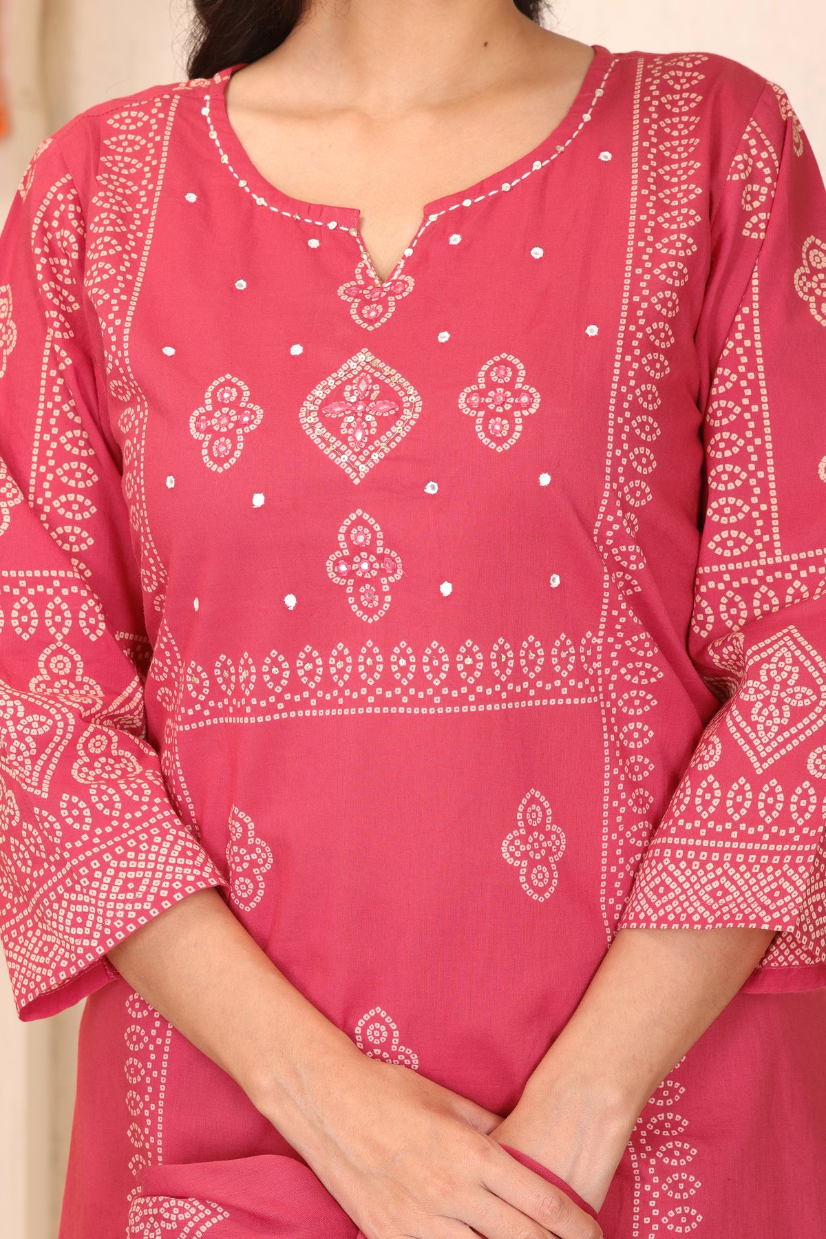 Bandhani Printed Cotton Straight Kurta Set with Thread Tagai Handwork Yoke and Dupatta
