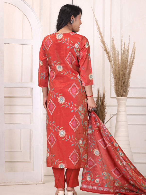 Women’s Red Floral Printed Kurta Pant Dupatta Set