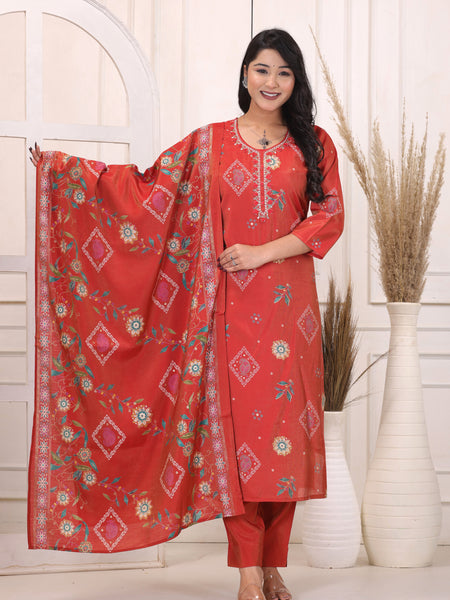 Women’s Red Floral Printed Kurta Pant Dupatta Set