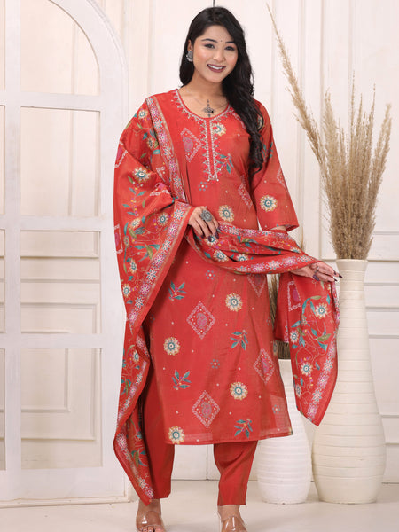Women’s Red Floral Printed Kurta Pant Dupatta Set