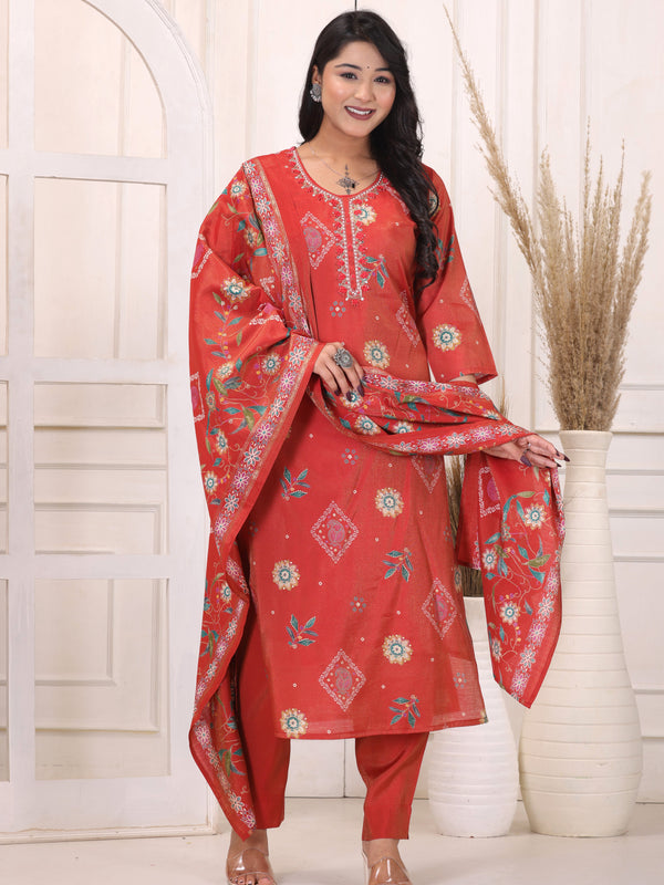 Women’s Red Floral Printed Kurta Pant Dupatta Set