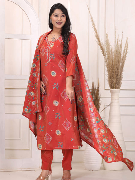 Women’s Red Floral Printed Kurta Pant Dupatta Set