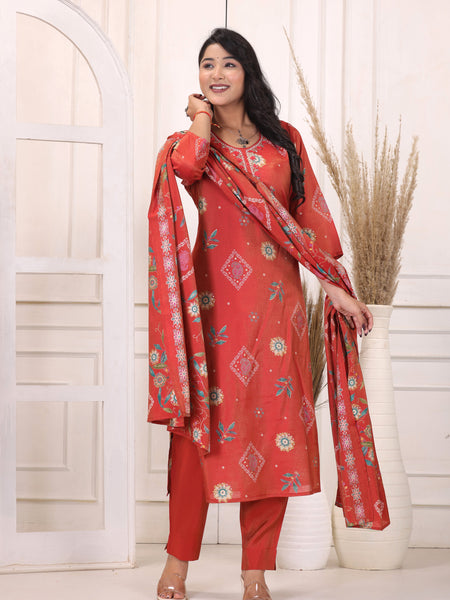 Women’s Red Floral Printed Kurta Pant Dupatta Set