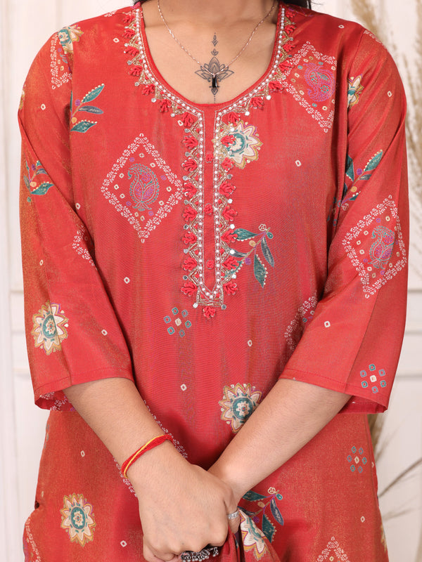 Women’s Red Floral Printed Kurta Pant Dupatta Set