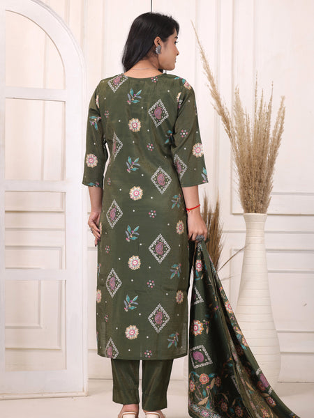 Women’s Green Floral Printed Kurta Pant Dupatta Set