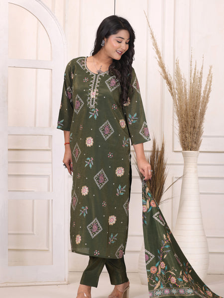 Women’s Green Floral Printed Kurta Pant Dupatta Set