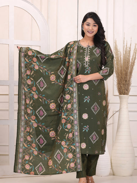 Women’s Green Floral Printed Kurta Pant Dupatta Set