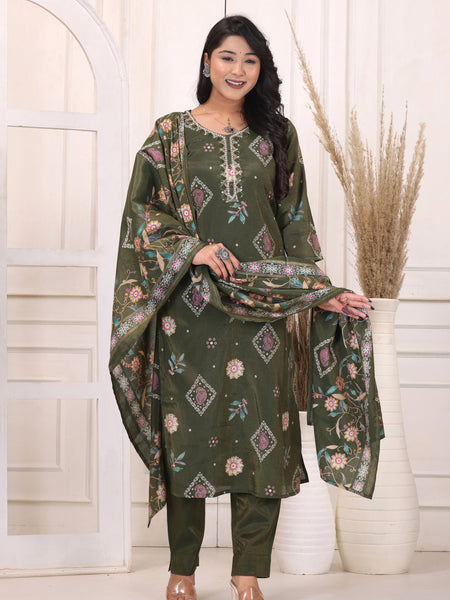 Women’s Green Floral Printed Kurta Pant Dupatta Set