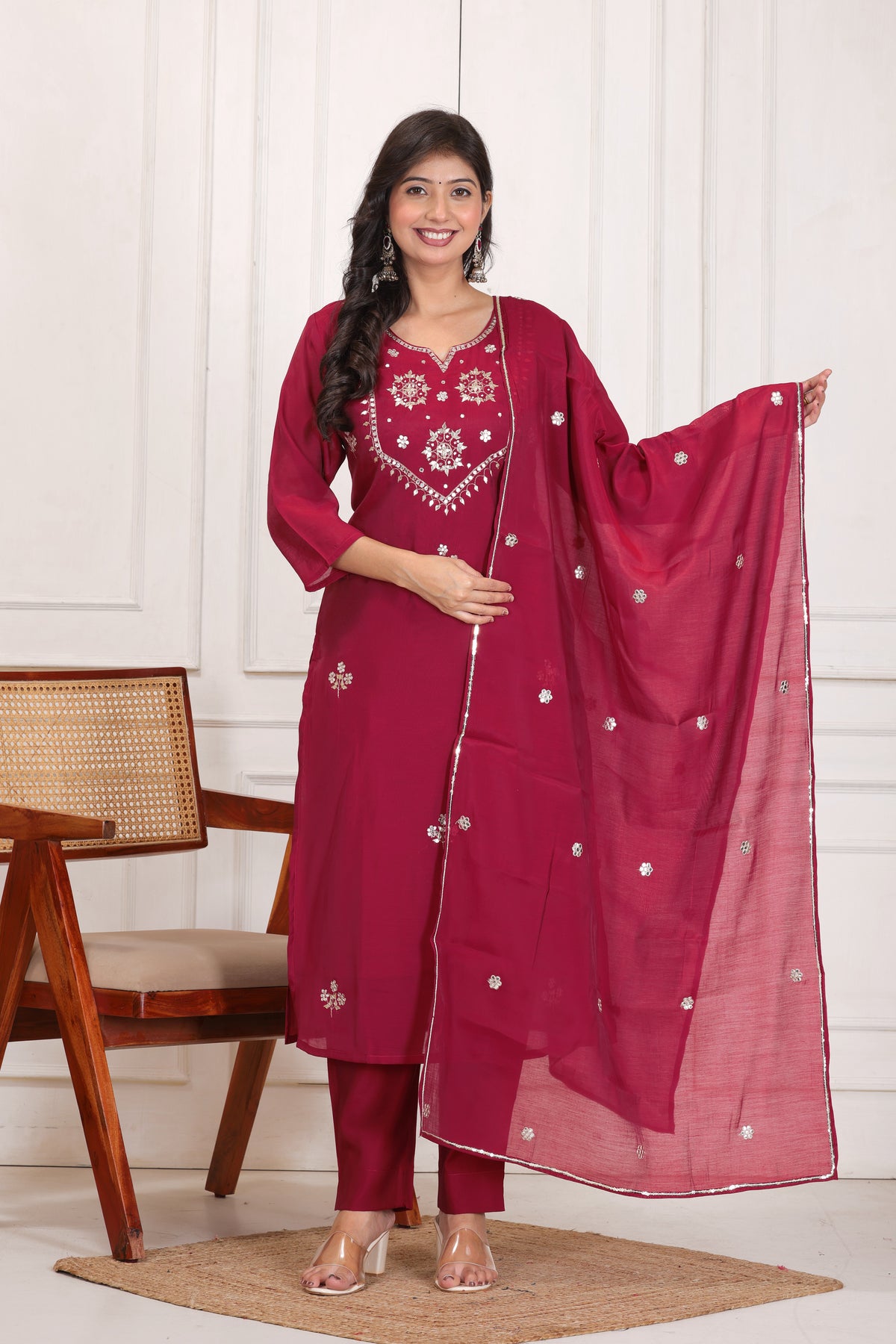 Women’s Embroidered Mul Chanderi Kurta Pant Dupatta Set