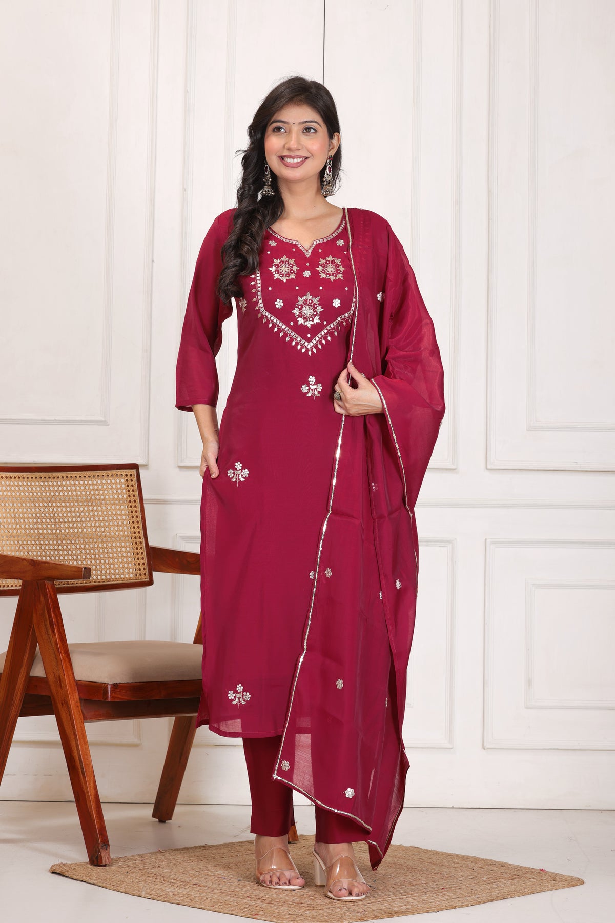 Women’s Embroidered Mul Chanderi Kurta Pant Dupatta Set