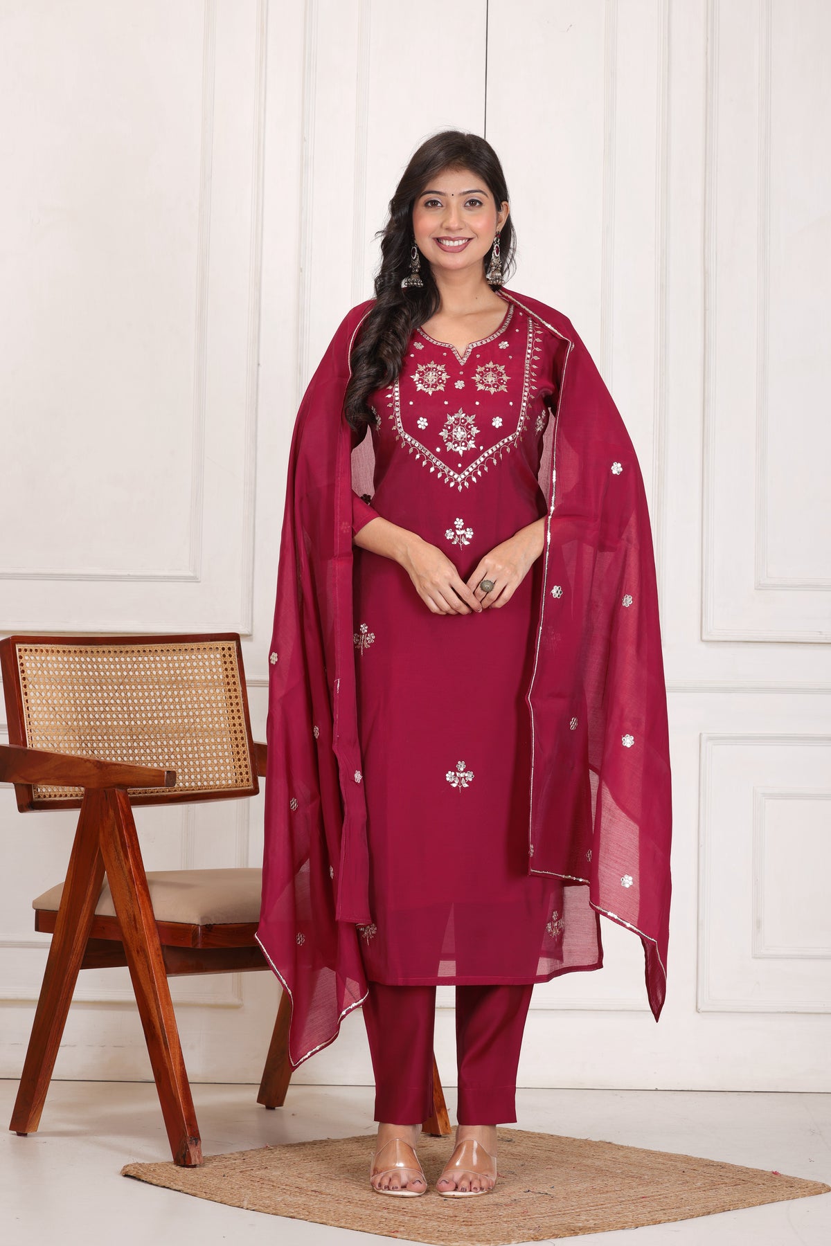 Women’s Embroidered Mul Chanderi Kurta Pant Dupatta Set