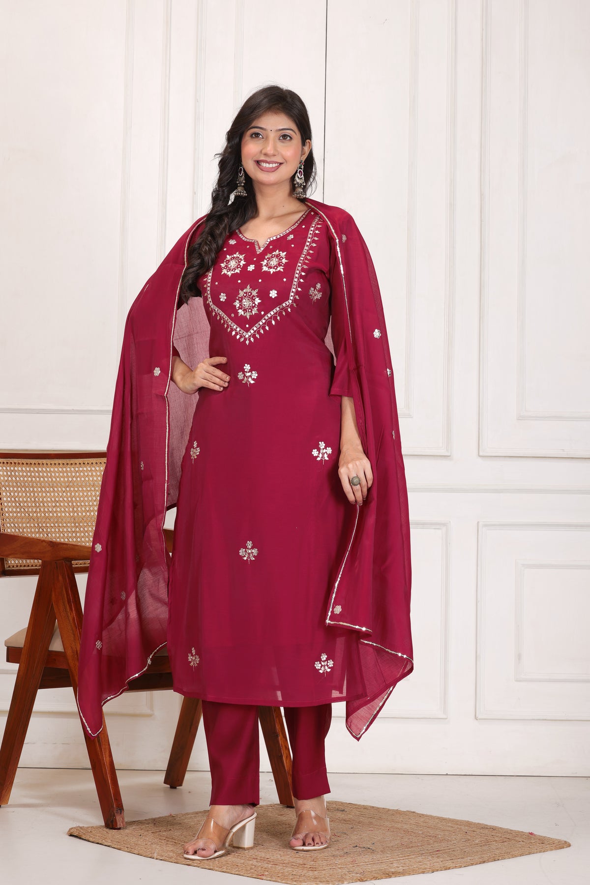Women’s Embroidered Mul Chanderi Kurta Pant Dupatta Set