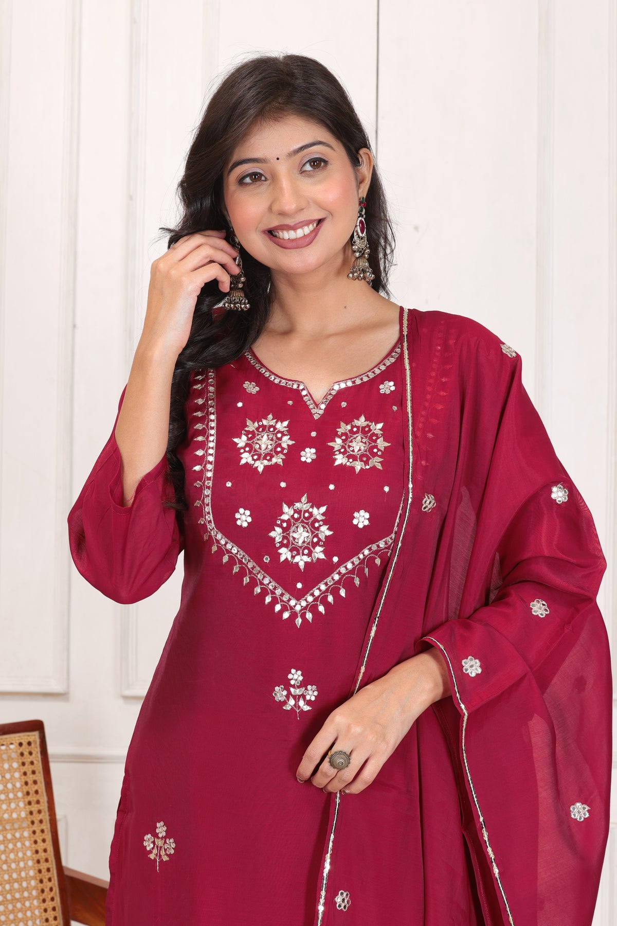 Women’s Embroidered Mul Chanderi Kurta Pant Dupatta Set