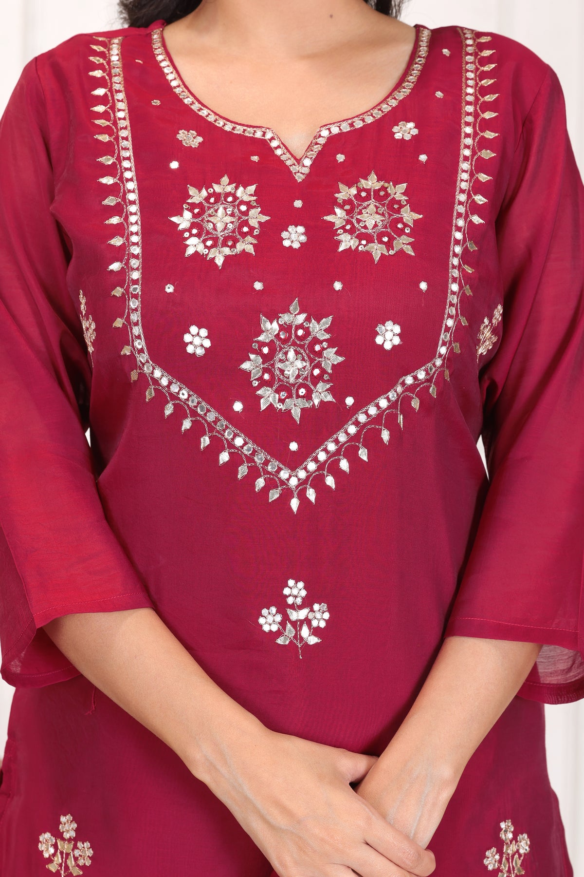 Women’s Embroidered Mul Chanderi Kurta Pant Dupatta Set