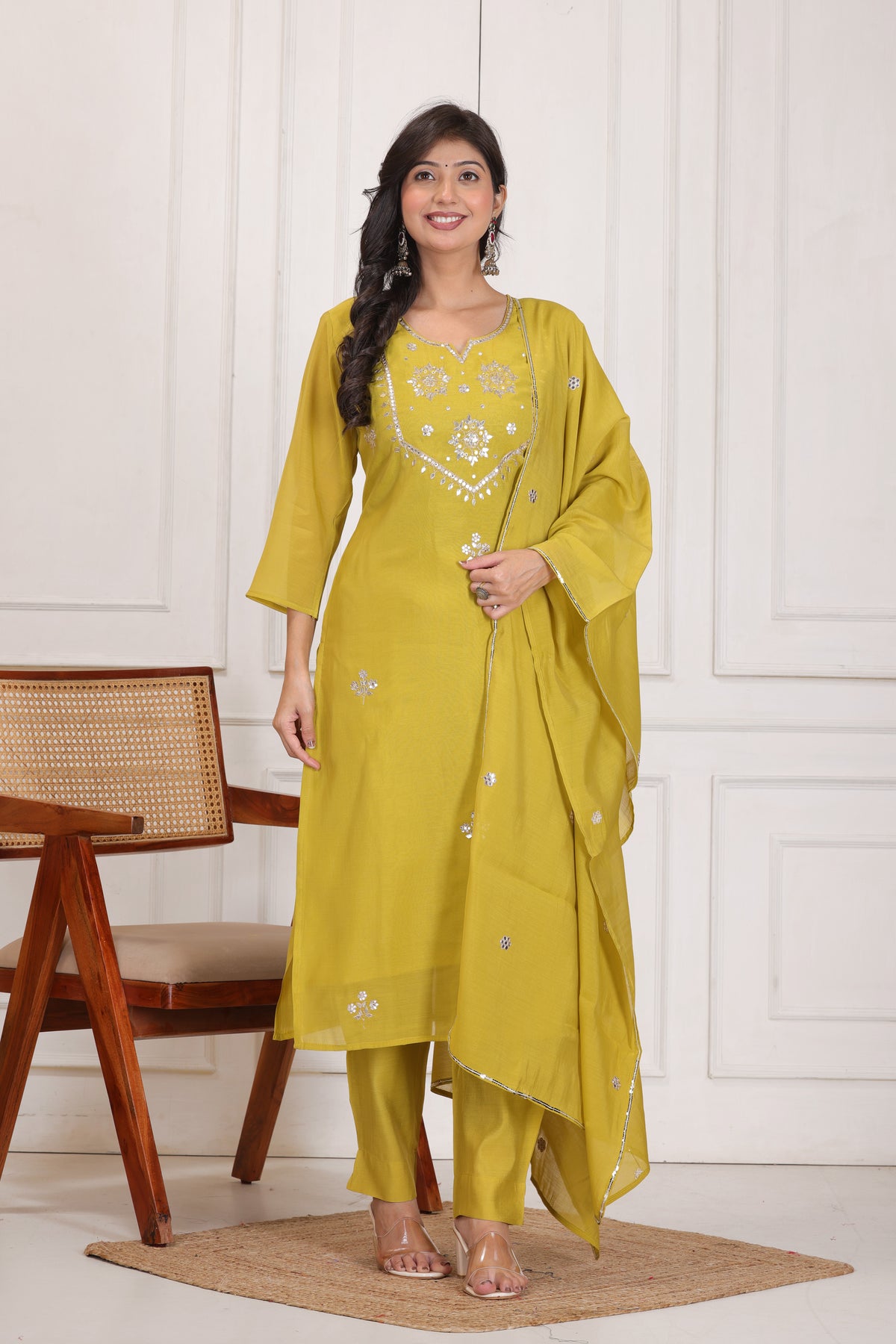 Women’s Embroidered Mul Chanderi Kurta Pant Dupatta Set