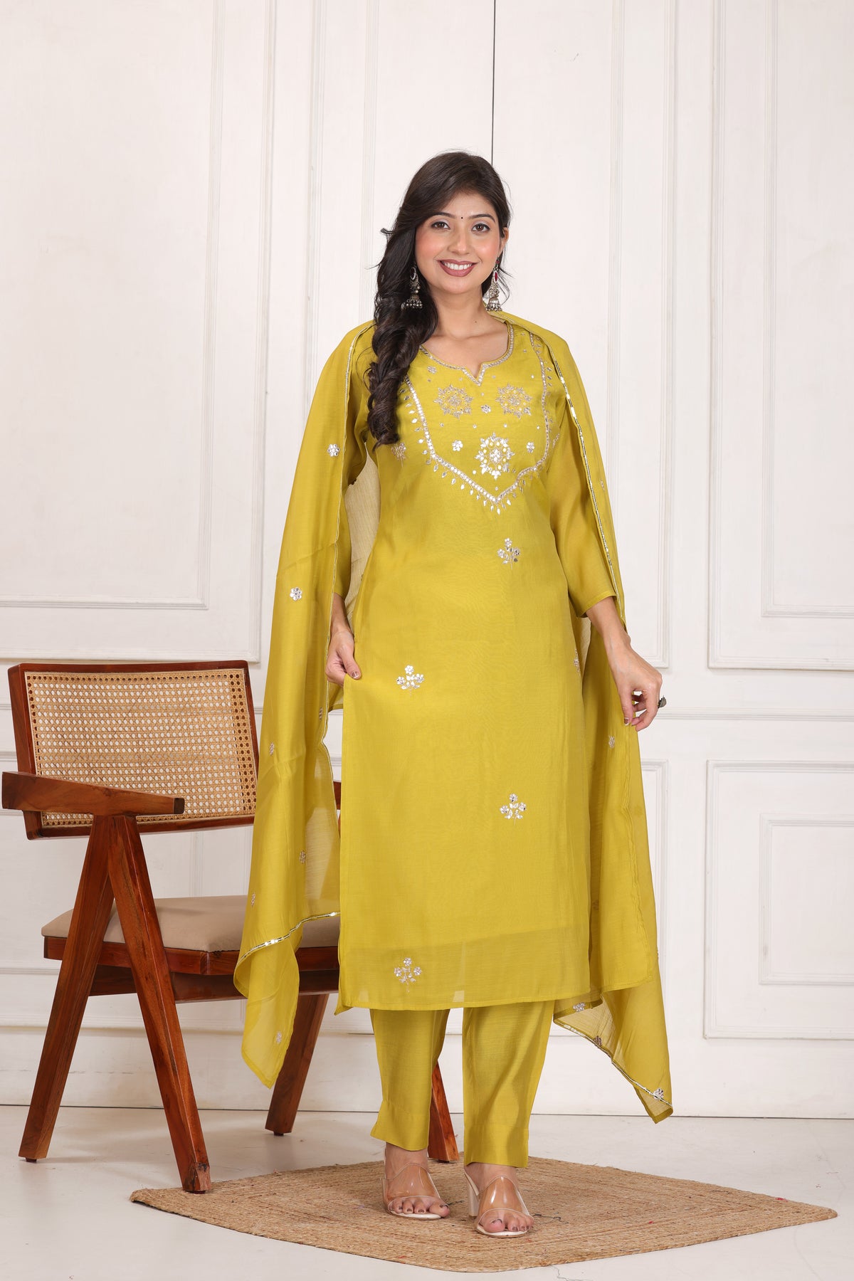 Women’s Embroidered Mul Chanderi Kurta Pant Dupatta Set