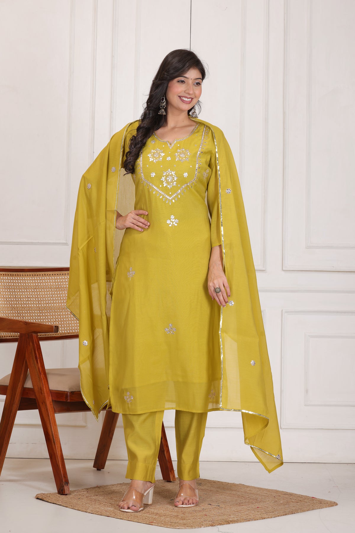Women’s Embroidered Mul Chanderi Kurta Pant Dupatta Set