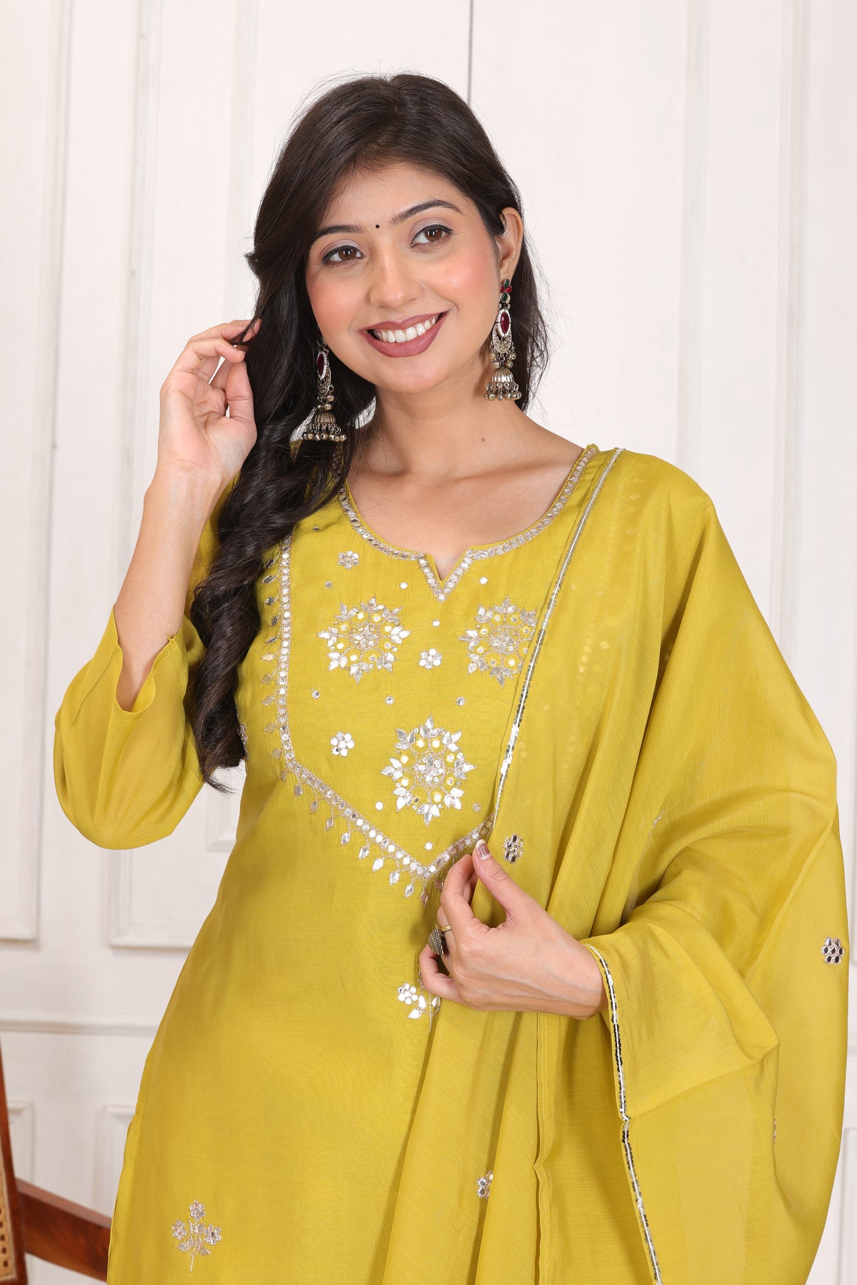 Women’s Embroidered Mul Chanderi Kurta Pant Dupatta Set