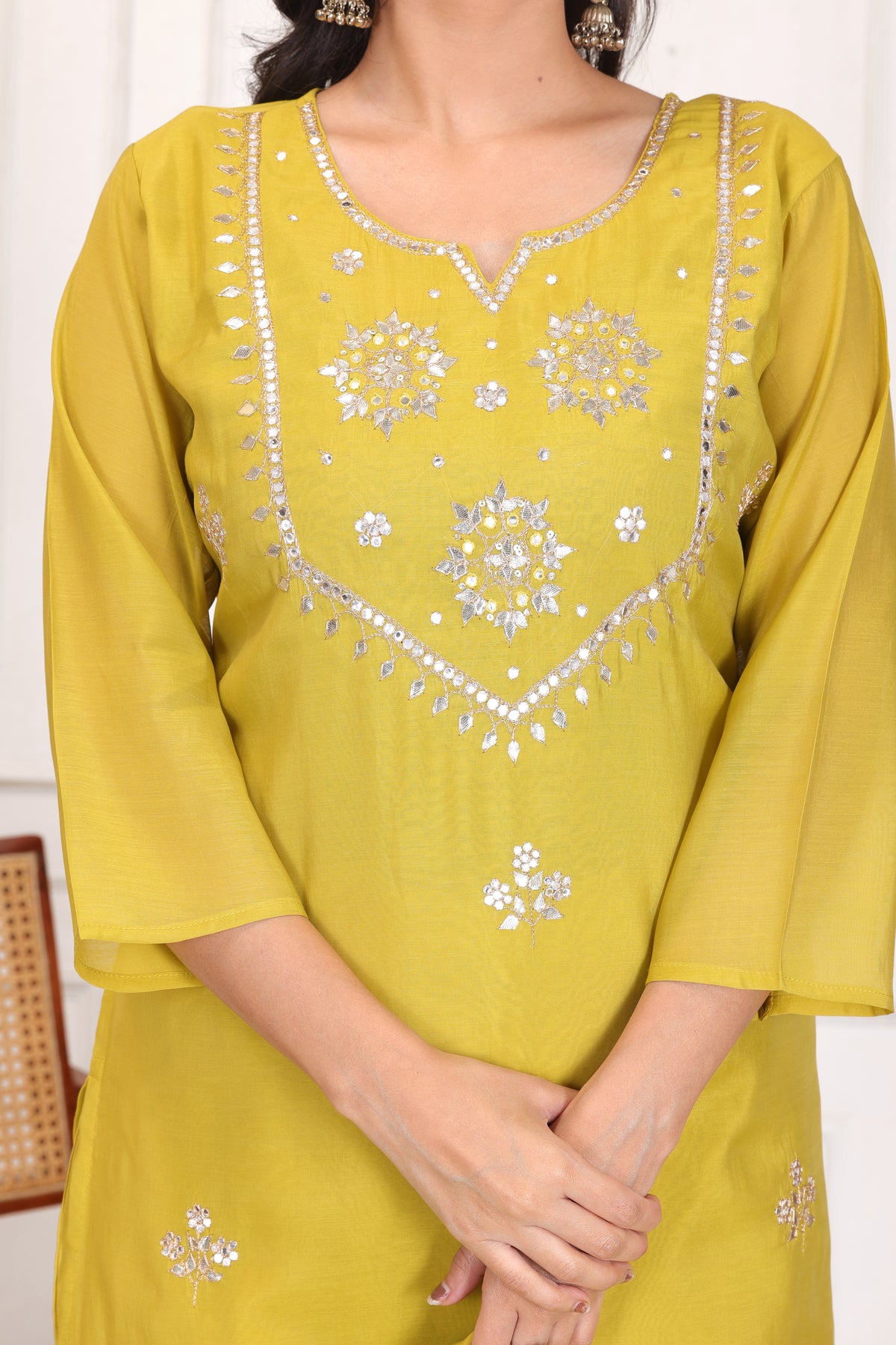 Women’s Embroidered Mul Chanderi Kurta Pant Dupatta Set