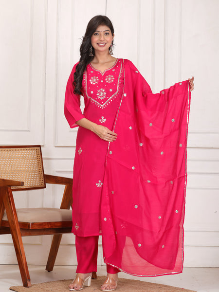 Women’s Embroidered Mul Chanderi Kurta Pant Dupatta Set